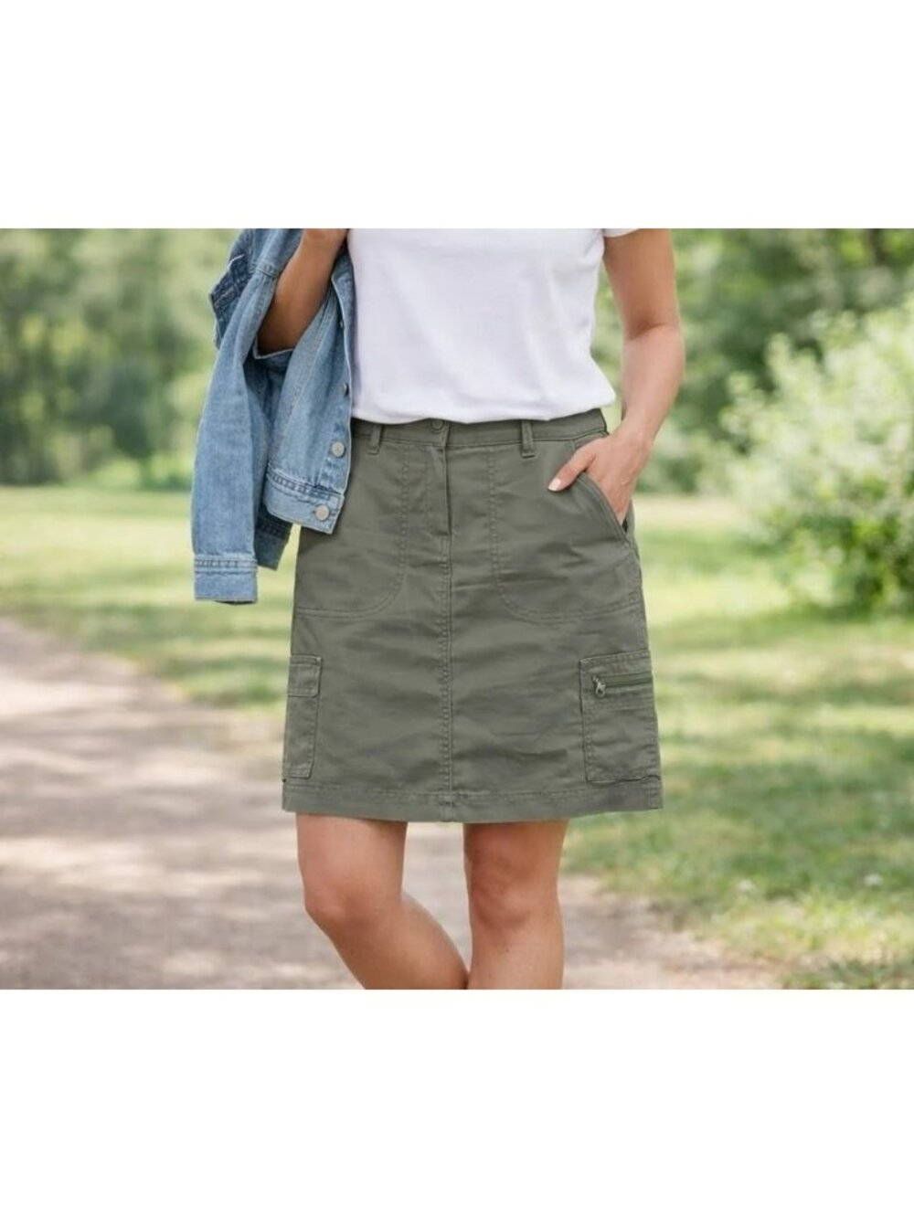 J. Jill Petite Y2K Olive Green Grey Cargo Modest Skirt Stretch Womens 6P